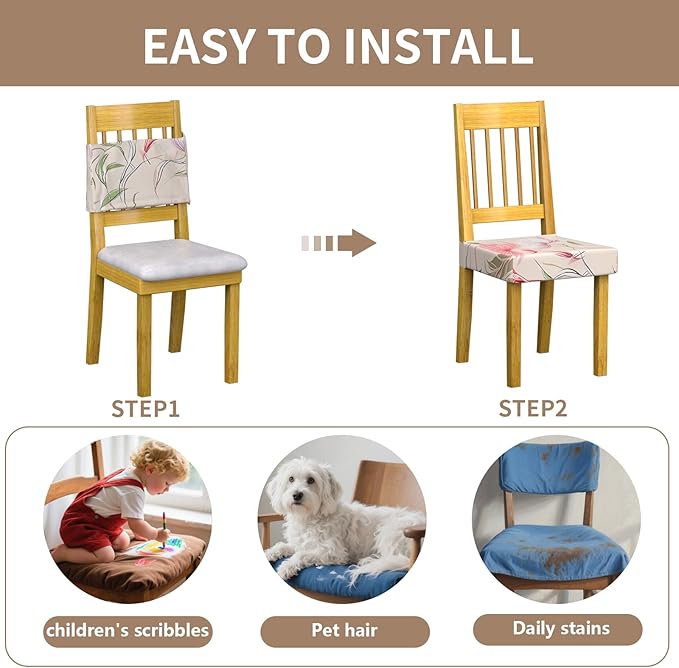 Stretch Dining Chair Seat Covers Set of 6,Dining Chair Slipcovers, Floral Printed Chair Covers,Soft Fabric Washable Upholstered Chair Seat Protector, No Rear Covers for Home Kitchen Dining Room