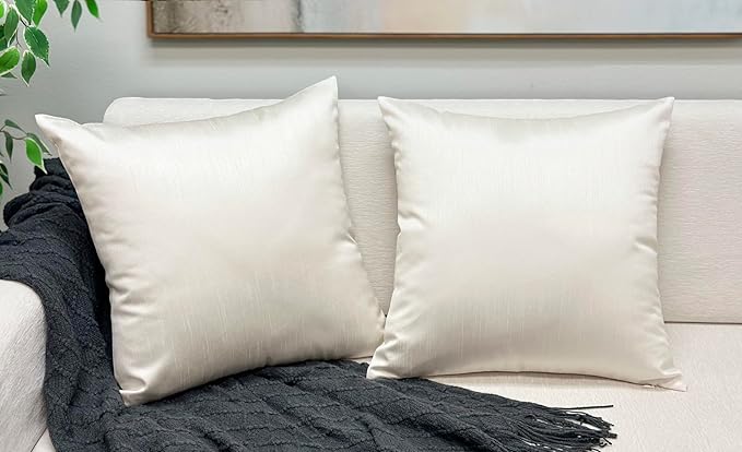 Aiking Home 20x20 Inches Faux Silk Square Throw Pillow Cover, Zipper Closure, Ivory (Set of 2)