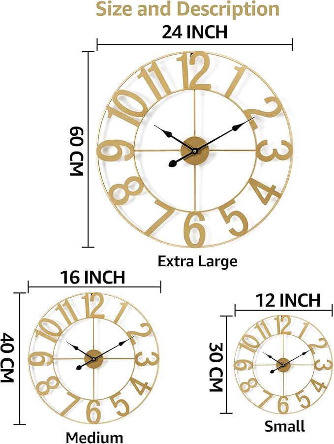 Sorbus Gold Metal Wall Clock - 16 inch Decorative Analog Wall Clock for Living Room, Kitchen - Battery Operated