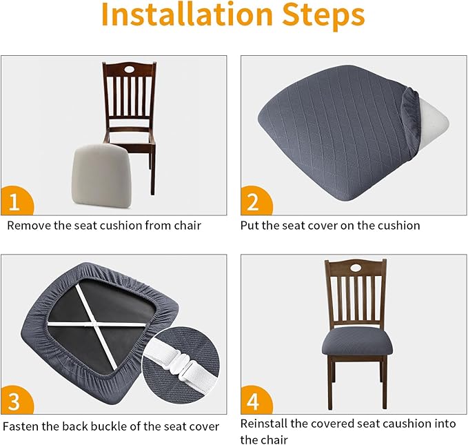 Fuloon Stretch Chair Seat Covers 6 PCS, Removable Washable Dining Chair Covers Anti-Dust Dining Room Seat Cushion Slipcovers (6, Gray)