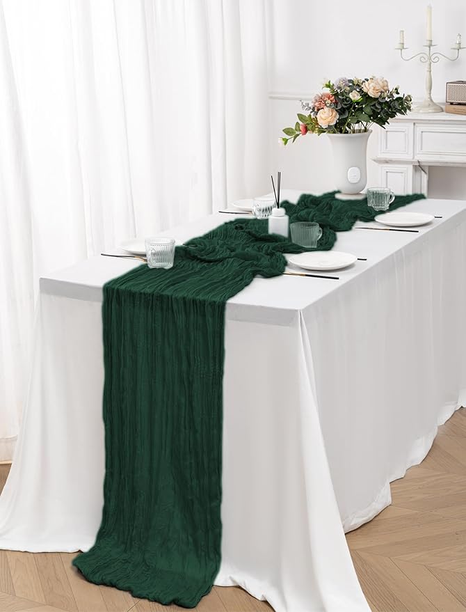 10Pack Emerald Green Cheesecloth Table Runner,10FT/120 Inch Boho Gauze Fabric Table Runner,Rustic Sheer Dark Green Cheese Cloth Runner Bulk for Wedding,Bridal Baby Shower,Christmas Party,Table Decor