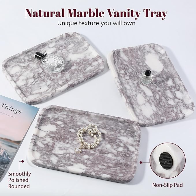 Luxury Marble Vanity Tray, Bathroom Tray Countertop, Calacatta Marble/Stone, Home Decorative Dresser Organizer, Storage for Kitchen Sink, Perfume Jewelry Holder(Purple&White)