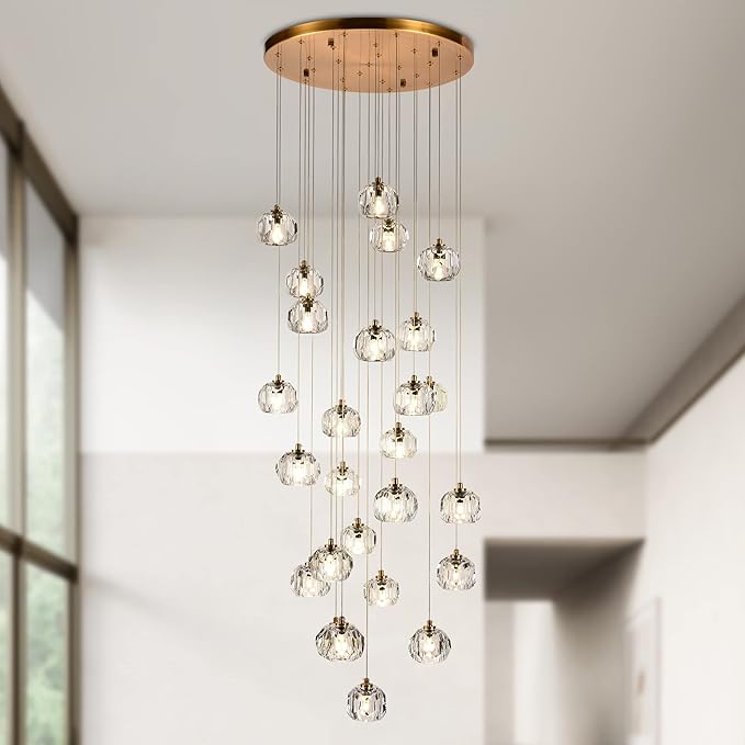 26-Light Crystal Chandeliers Long, 78W Staircase Raindrop Chandelier for High Ceiling Brass, Clear Crystal Pendants Large Ceiling Chandelier Lighting for Living Room Foyer