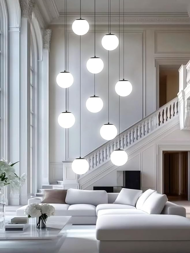 Modern Rectangular Chandelier,10 Lights White Globe Chandelier Lighting,Industrial Linear Pendant Light Fixture for Dining Living Room Kitchen Island