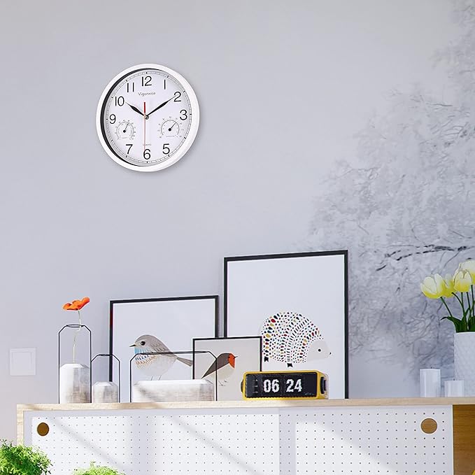 8 Inch White Wall Clock, Sweep Silent Movement Accurate Clocks with Temperature & Humidity, Decorative for Kitchen/Living Room/Bedroom/Office/School/Classroom
