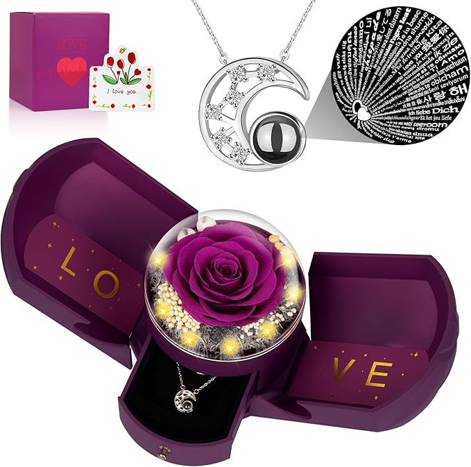 Preserved Real Rose with l Love You Necklace Eternal Forever Flowers Gifts for Mom Wife Grandma Women Girlfriend her from husband son daughter on Birthday Valentines Christmas Anniversary-Purple