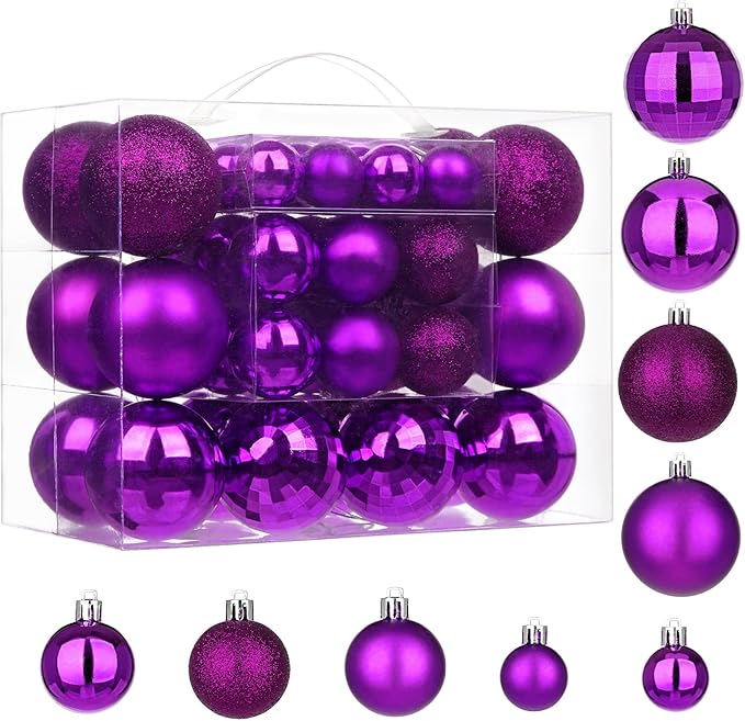 50pcs Christmas Ball Ornaments Purple Shatterproof Christmas Tree Ball Decorations Xmas Tree Purple Ornaments Balls with Hanging Loop for Halloween Xmas Wedding Holiday Party Wreath Home Decor