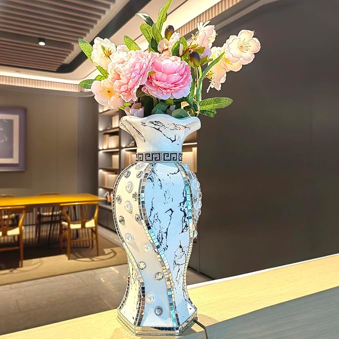 Modern Decorative Vase,Silver Flower Vase for Home Decor with Rhinestone,30 cm Luxury Ceramic Vase for Centerpiece,Living Room,Bedroom,Large Flower Vase