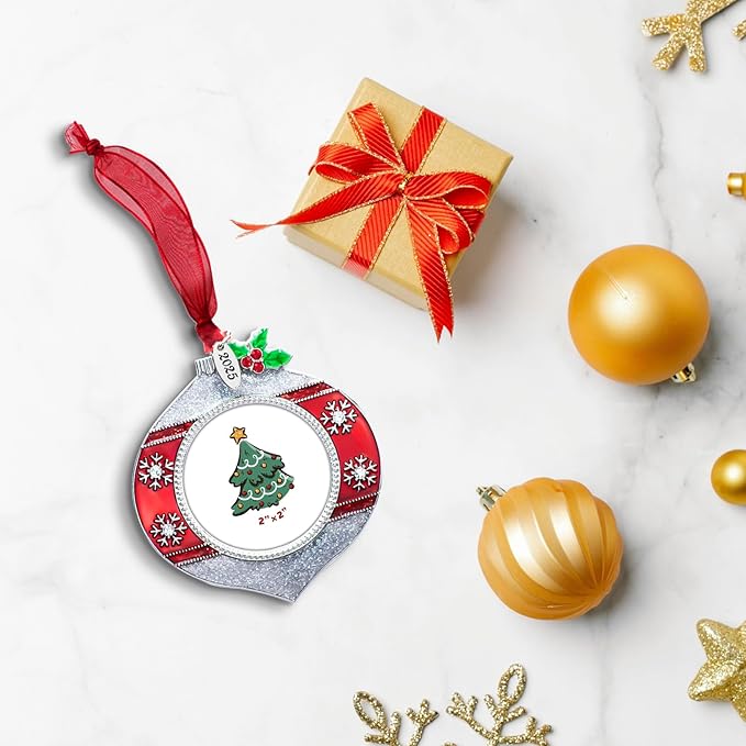 2025 Christmas Tree Ornament Picture Frame Metal Hanging Pendant Holiday 2" Photo Frame Charm Decorative of Pets, Baby First Christmas, Family (2025 Style 3)