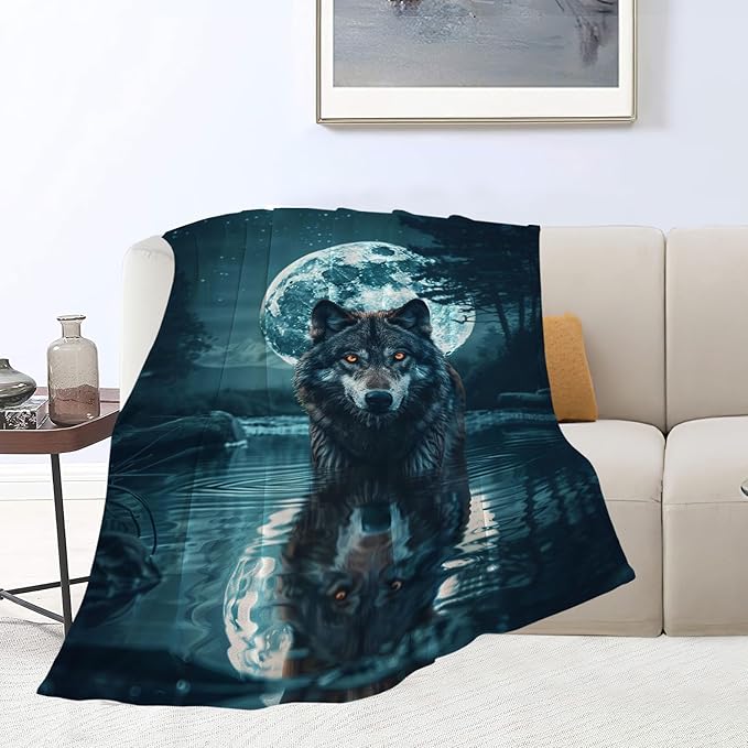 Wolf Moon Decor Throw Blanket - Super Cozy Plush Lightweight Soft Flannel Fleece Cool Blanket for Sofa Bed Couch - Gifts for Wolf Lovers Girls Boys Kids Women Men - 50"X60"