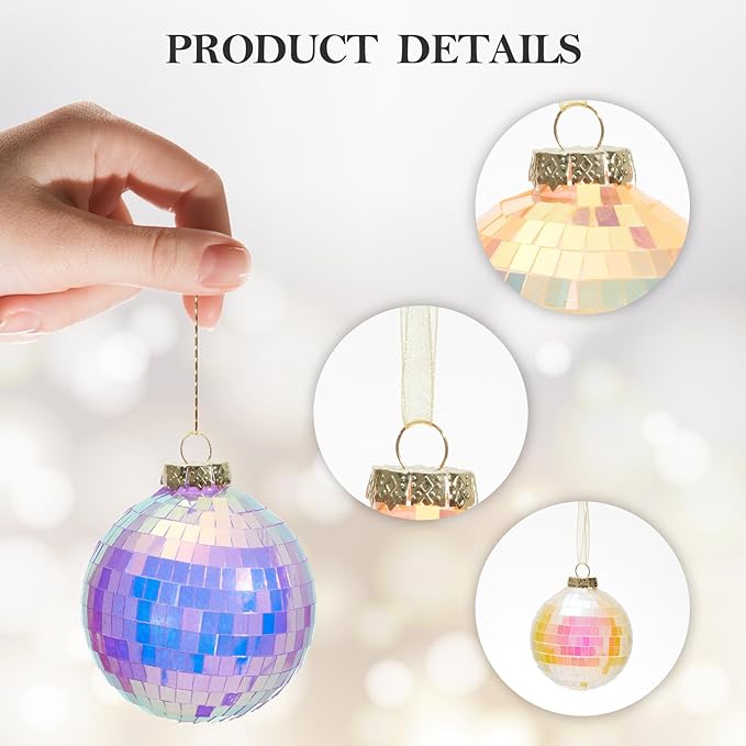 WDS WONDROUS Christmas Disco Ball Ornaments Set of 12 – 3.14” Colorful Xmas Tree Decorations with Iridescent Laser Effect, Glass Christmas Ornaments for Indoor Party Decor Holiday