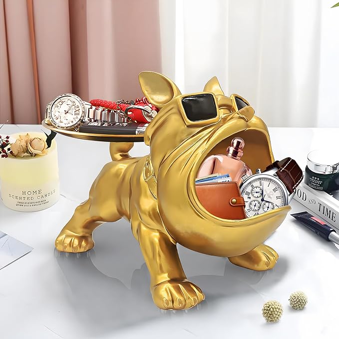 Resin French Bulldog Tray Statue, Bulldog Candy Dish Key Holder Bowl, French Bulldog Accessories, Statues for Office Desk Home Decor Figurines Entryway Table Decor (Gold)