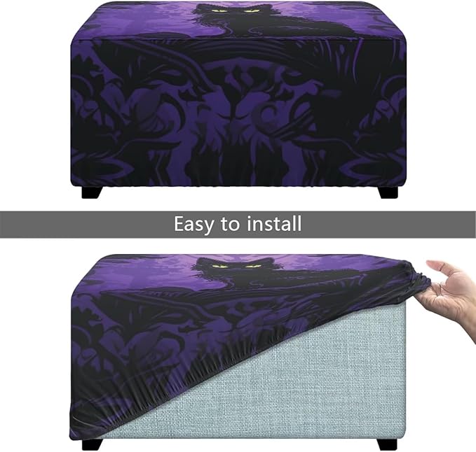Rectangle Ottoman Cover Black Cat Ultra Stretch Small Ottoman Slipcover with Elastic Band Washable Foot Stool Covers Furniture Protector for Hlloween Home Decor Size L