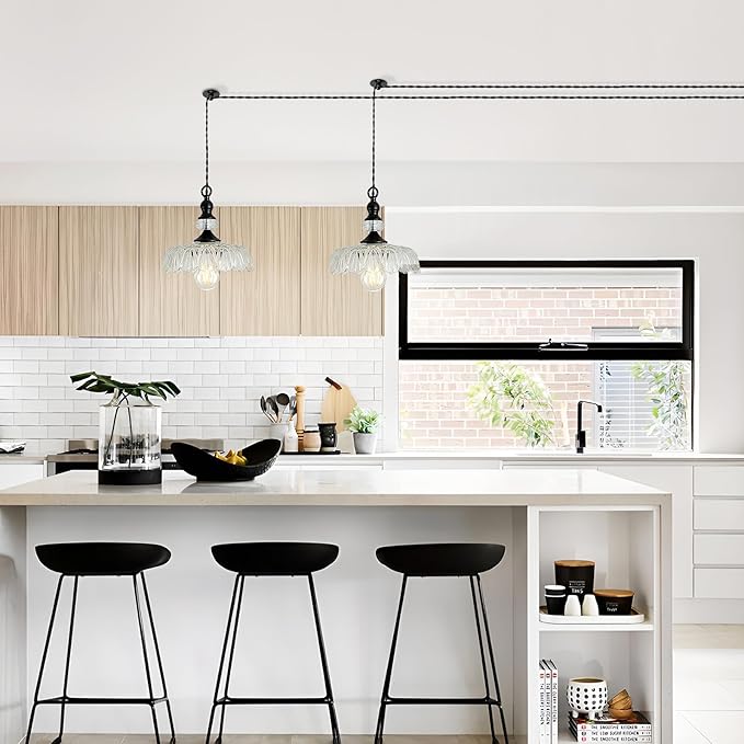 CVKASH Plug in Glass Pendant Light Fixture Black Vintage Adjustable Chandelier Hanging Ceiling Light for Farmhouse Hallway Bedroom Foyer Kitcken Dining Room Island.
