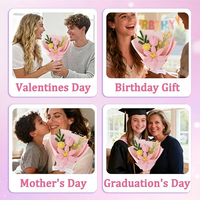 Hand-Woven Flower Bouquet Finished（1pcs） for Women Girlfriend Birthday Gift Wedding Decoration Crochet Artificial Flower, Bouquet Gift (Pink-Y)
