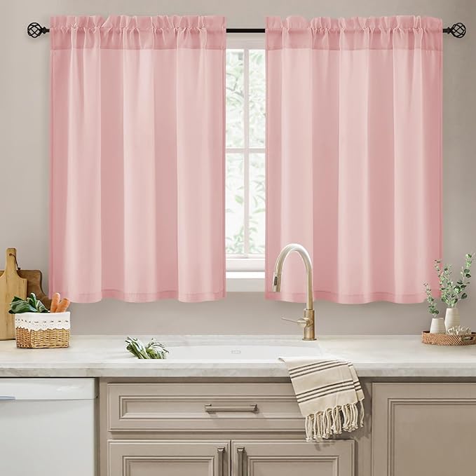 HOMEIDEAS Non-See-Through Pink Privacy Sheer Kitchen Curtains 36 Inches Long 2 Panels Set Light Filtering Curtains for Living Room Bedroom Drapes,W30xL36