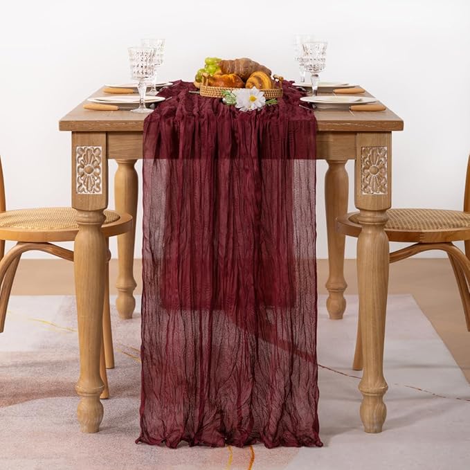 MLMC Burgundy Red Valentines Table Runner 10ft Wine Red Cheesecloth Table Runner Sheer Gauze Cheese Cloth Centerpiece 35x120 Inches for Wedding Bridal Shower Anniversary Valentine's Day Events Decor