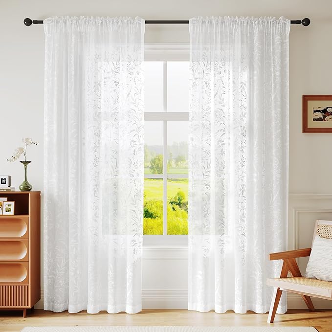 Anmao White Semi Sheer Light Filtering Curtains 63 Inches Long 2 Panels, Leaf Pattern Drapes for Living Room Bedroom, Rod Pocket Sheer Window Treatments with Floral Design, 52x63 Inch
