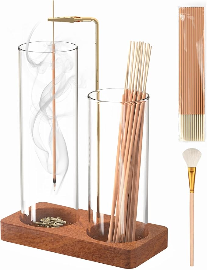 Incense Holder, Large 2 in 1 Incense Sticks Holder, Upside Down Wooden Incense Burner Holder with Glass Ash Catcher & Incense Storage for Meditation Yoga Spa Home Decor, with 20 Incense Sticks & Brush