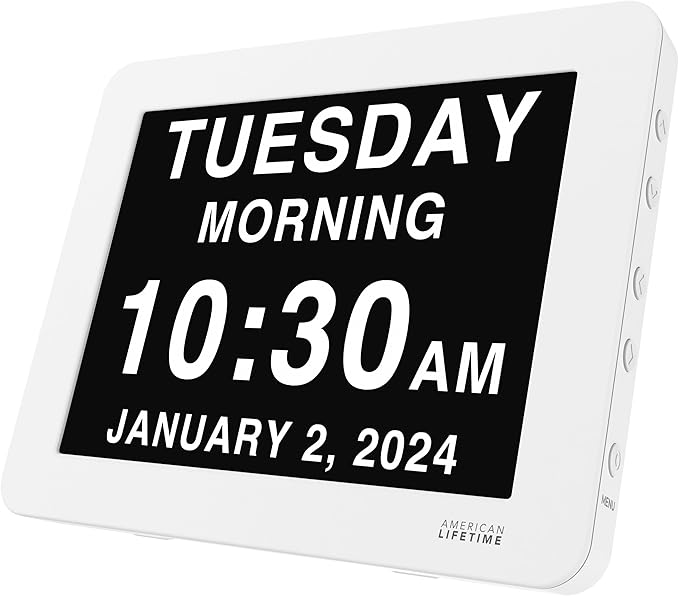 American Lifetime New 2025 Dementia Clock Large Digital Clock for Seniors, Alzeimer Clock Large Display with Custom Alarms, Clock with Day & Date for Elderly, Digital Calendar Premium White Pro