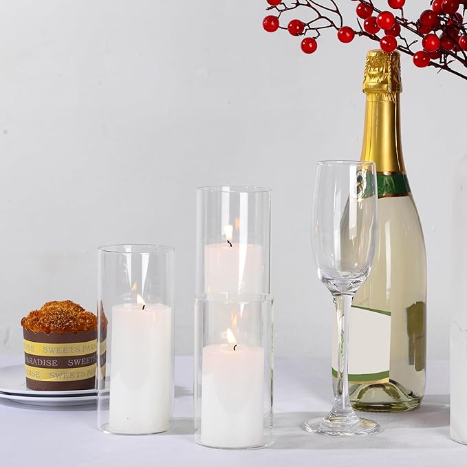 Shihanee Set of 3 Pillar Candles and 3 Glass Cylinder Candle Vases Holders Clear Pillar Jars for Wedding Centerpieces(2.6'' X 4.7'', 5.9'', 7.9'',White)
