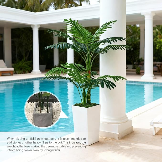 Artificial Palm Tree 5FT - Fake Tree with Tall Planter and Fairy Lights, Large Tropical Palm Faux Tree, Fake Plants for Indoor Outdoor Living Room Outside Patio Office Home Decor