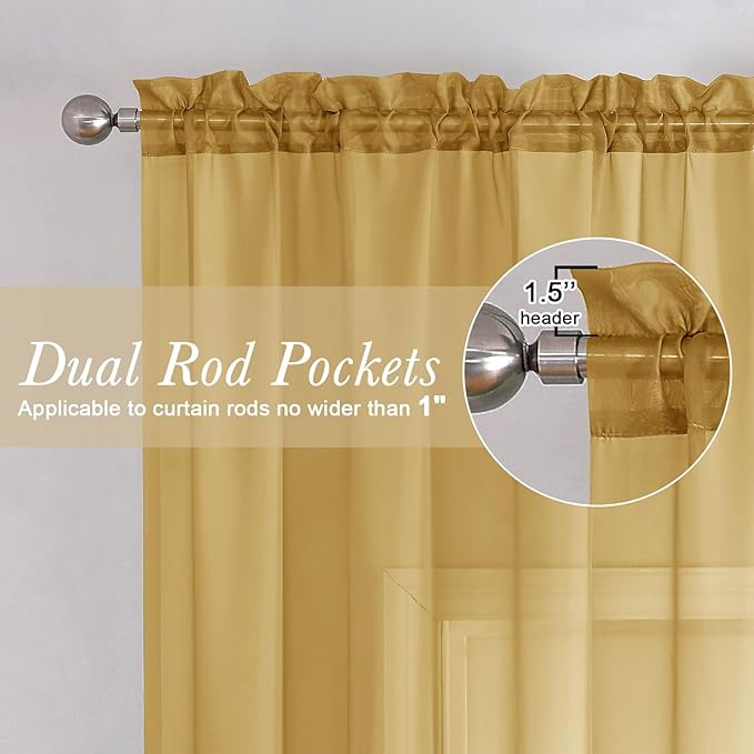 Lecloud Gold Sheer Curtains 72 Inch Length 2 Panels, Light Filtering Voile Window Drapes for Bedroom, Dual Rod Pocket Living Room Elegant Window Treatments, 40 W x 72 L Inches, Gold