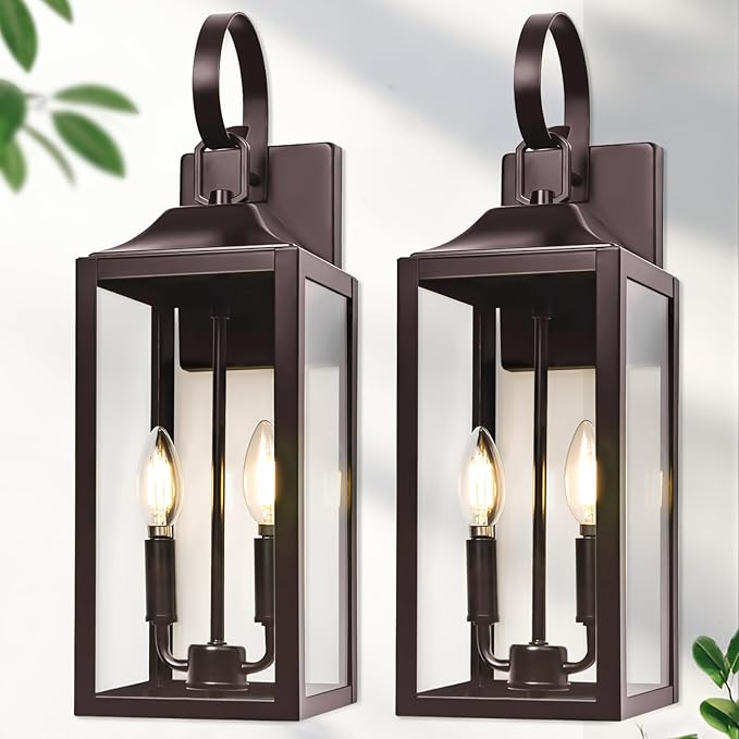 19" Oil Rubbed Bronze Outdoor Wall Lantern 2-Light, Large Outside Modern Sconce Light Fixture, Brown Porch Light Wall Mount with Glass, Waterproof Farmhouse Exterior Lamp Lighting, 2 Pack