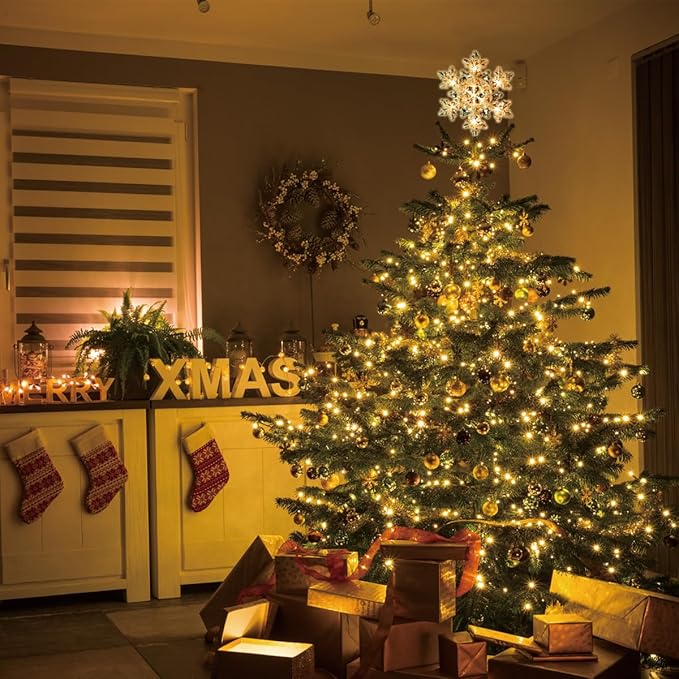 LAMPHOME 8.25" 10L Lighted Gold Snowflake Tree Topper，Glittering Snowflake Christmas Tree Topper, Warm White