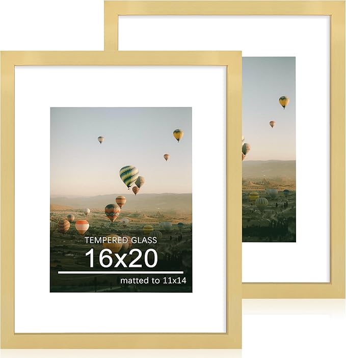 16x20 Poster Frame Set of 2, 16 x 20 Wood Picture Frames with Mat for 11x14, Wooden Photo Frame with Tempered Glass Cover for Wall Mounting Display, Gold