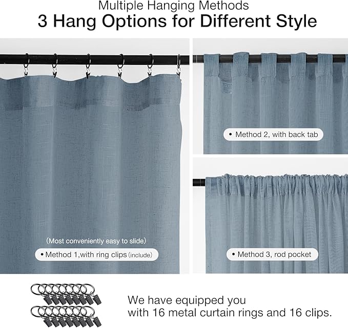 Anmao Natural Linen Curtains for Living Room 45 Inch Length 2 Panels Set, Light Filtering Semi Sheer Window Curtain Drapes for Bedroom with Curtain Rings and Clips, 52Wx45L, Haze Blue