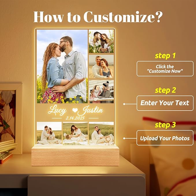 Personalized Christmas Anniversary Couple Gifts for Women Men, Custom Picture Frames with Photo, Personalized Photo Frame with Night Light, Customized Gifts for Girlfriend Boyfriend Her Him