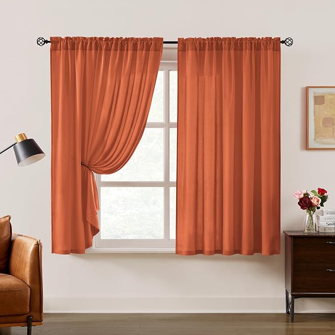HOMEIDEAS Fall Burnt Orange Privacy Semi Sheer Curtains Non-See-Through 45 Inches Long 2 Panels Set Light Filtering Curtains for Living Room Bedroom Drapes,W52xL45