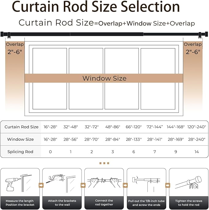 Zeerobee Curtain Rods for Windows 66 to 120, White Curtain Rod, Adjustable 1 Inch Heavy Duty Outdoor/Indoor Modern Drapery Pole, 32"-120"