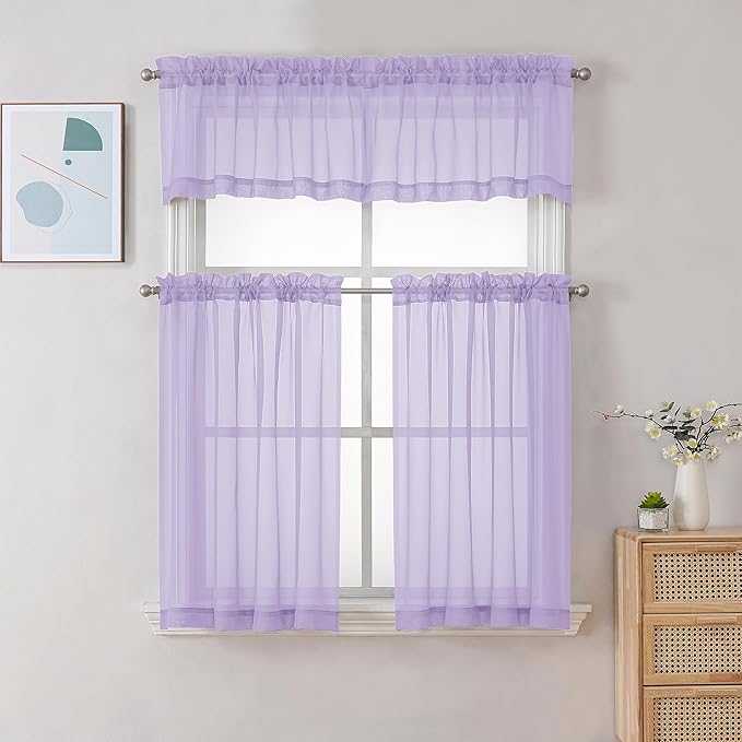 Gwine Lilac Valances for Windows, Small Light Filtering Rod Pocket Cafe Valance Curtains, Soft Sheer Curtain for Bathroom Laundry Basement, 42Wx14L inch, 2 Pieces