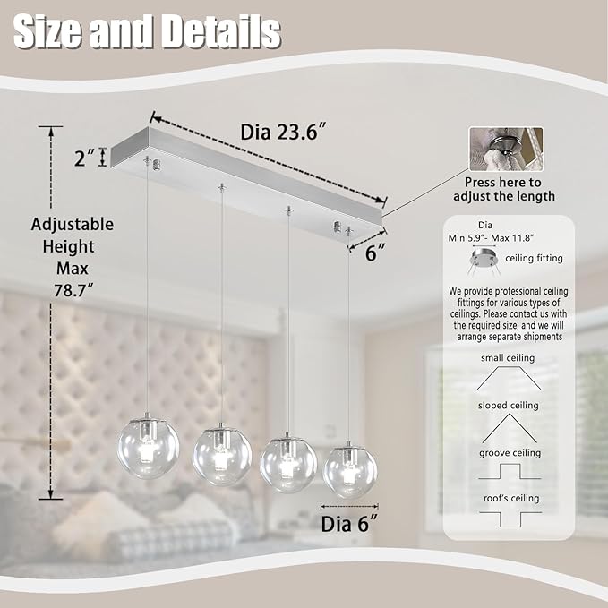 Modern Kitchen Island Lighting Linear Chandeliers for Dining Room 4-Light Glass Globe Hanging Pendant Light for Living Room Hallway Bedroom