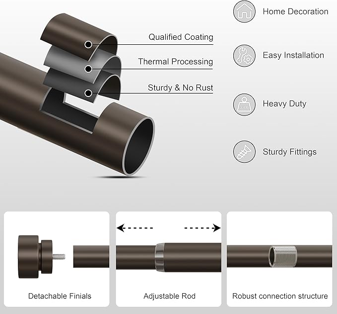 PORTRES Brown Heavy Duty Curtain Rods for Windows 66 to 120 Inches Adjustable Length 1" Diameter Curtain Rod with Modern Decorative Finials for Outdoor Farmhouse Bedroom Kitchen Living Room