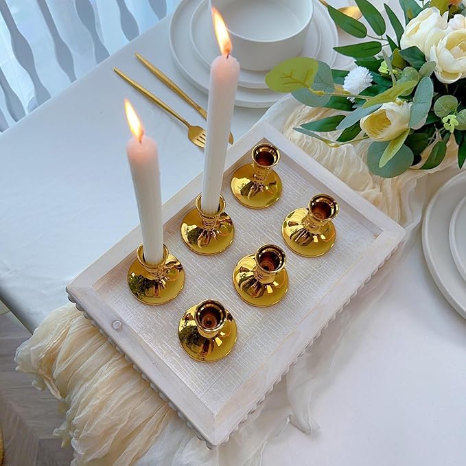 Vintage Gold Taper Candle Holders, Set of 12, Metal Taper Candlestick Holder for Dinner Room Table Centerpiece, Wedding Reception, Festive,Mantel Decoration, Home Decor (Titanium Gold)
