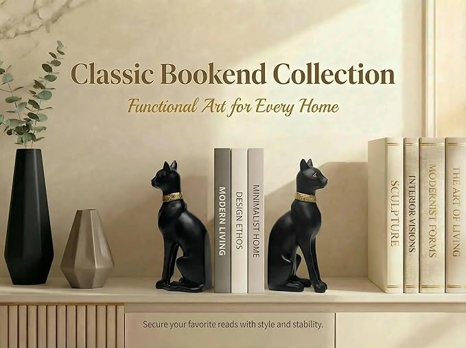 Comfy Hour 9" Egyptian Black Cat Bastet Bookends, Unique Decorative Ancient Goddess Statues for Shelves, Cat Book Ends, Vintage Ancient Novelty Home Office Decor, 1 Pair, Cat Lover Gift, Bast, Pharaoh