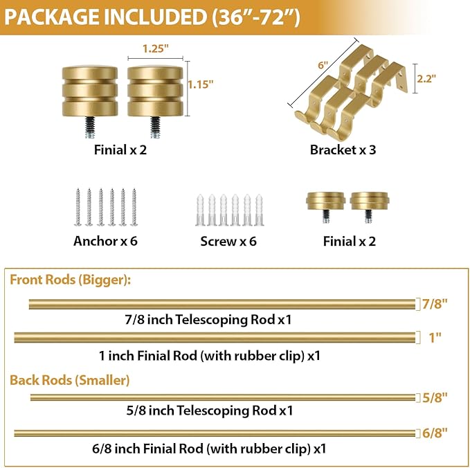 TONIAL1 Inch Double Curtain Rods 36 to 72 Inch (3 to 6 ft), Heavy Duty Decorative Drapery Rod for Windows 24 to 68 Inch (6 to 5.7 ft) with Classic Cap Finial, Gold