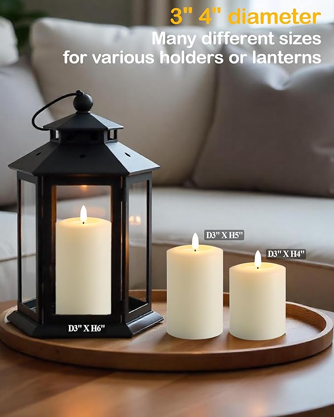 3"x4" Flickering Flameless Candles with Remote Timer, 3" Diameter Ivory Pillar, Real Wax, Set of 3 Large LED Battery Operated Candles for Home, Rustic and Farmhouse Decor (H 4")
