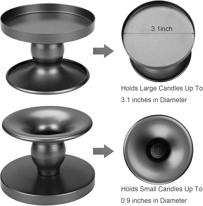 Table Gold Candle Holders – Set of 2 | Reversible Metal Candle Stand for Pillar & Taper Candles | Stylish Tabletop Candle Tray for Home Décor, Weddings & Special Occasions (Black)