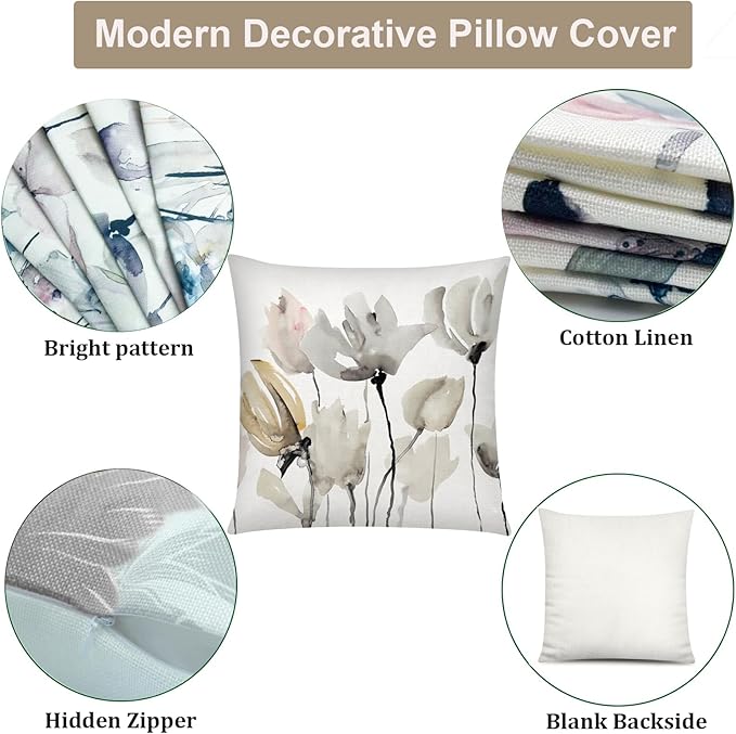 COMMINY Brown White Grey Pillow Covers 18x18 Set of 6 Flower Throw Pillow Cover for Couch Modern Decorative Watercolor Floral Cushion Cover for Sofa Bedroom Living Room Farmhouse Home Decor
