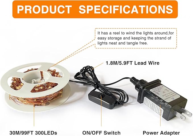 Fairy Lights Plug in,99ft 300 LEDs Christmas Lights Indoor Outdoor Warm White Copper Wire,Long Led Fairy String Lights for Bedroom Party Wedding Patio Yard Christmas Tree Decoration