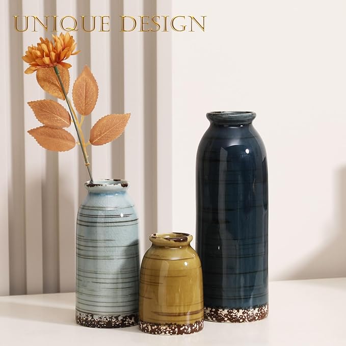 Ceramic Vase Set of 3 - Handcrafted Ceramic Vases for Home Decor & Shelf - Modern Farmhouse Decor for Kitchen, Office, Bedroom & Living Room Decorative Objects for Mantel, Table Centerpieces