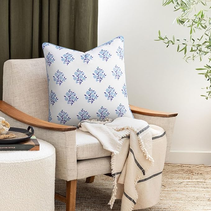 Adabana Outdoor Waterproof Floral Pillow Covers Set of 2 Blue and White Throw Pillow Covers 18x18 Inch Square Decorative Cushion Case for Farmhouse Sofa Patio Couch Living Room