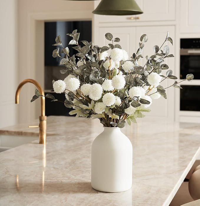 Laelfe 10 Kiku Artificial Flowers + 5 Large Eucalyptus Branches, Silk Fake White Flowers Pompon Mums (Ball Flower Stems) - Decor for Home, Wedding Filler, Centerpieces & Shower Arrangements