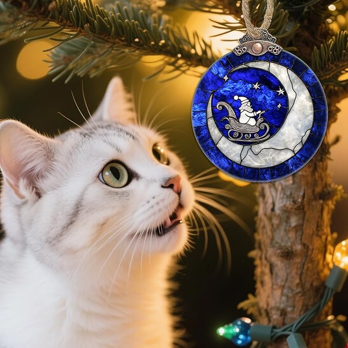 Stained Glass Christmas Decorations, Santa Claus On The Moon Suncatcher for Window Christmas Tree Hanging Ornaments Blue White Sun Catcher Xmas Decor Gifts for Women Men Mom Nana Friend