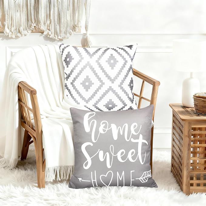 Decorative Throw Pillow Covers 16x16 inch Set of 4 Gray Pillow Covers for Couch Sofa Bed Living Room,Farmhouse Outdoor Throw Pillow Cover,Modern Geometric Linen Square Throw Pillow Case,Grey