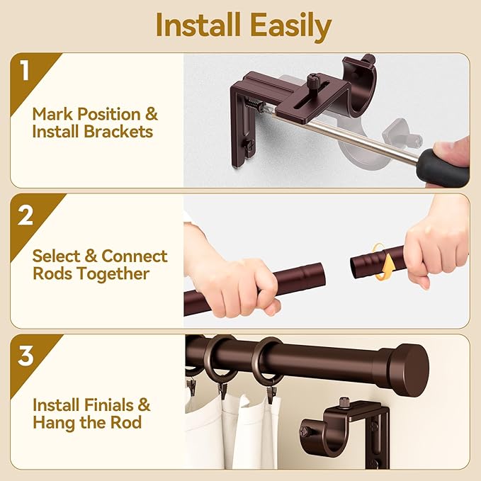 YaFex Curtain Rods 2 Pack 32-84 Inch, Heavy Duty 1 Inch Curtain Rod, Bronze Long Adjustable Window Treatment Rods, Modern Design, Easy Installation